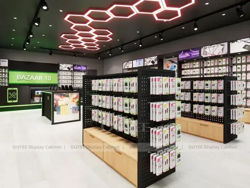 Luminárias de LED em preto e branco para lojas de celulares, com displays de parede iluminados para lojas compactas. 1