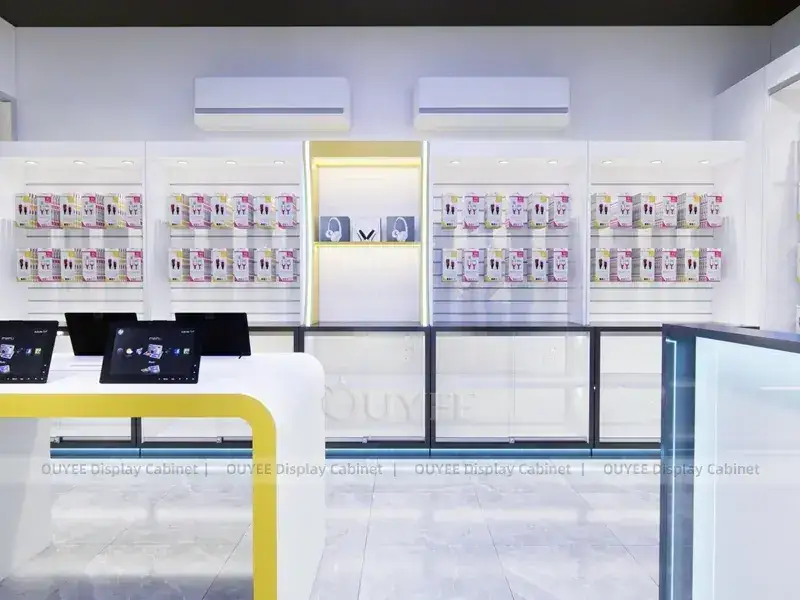 Weiße und holzfarbene Glas-Vitrine für Mobiltelefone mit transparenten Vitrinen für LED-Kassenbeleuchtung 1