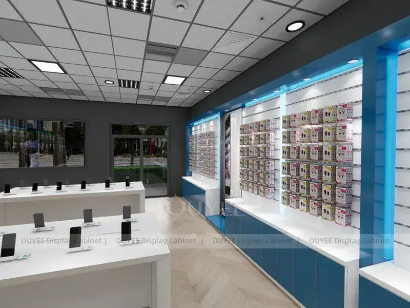 Présentoirs muraux lumineux à LED blanches et bleues pour boutiques de téléphonie mobile, destinés au déploiement de chaînes de magasins. 1
