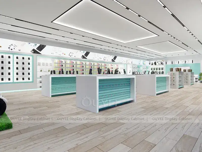 Présentoirs muraux à éclairage LED blanc et turquoise pour boutiques de téléphonie mobile, destinés aux détaillants de téléphones compacts. 1