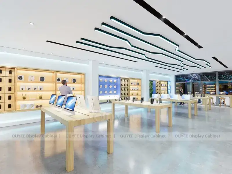 Luminaires LED blancs et bleus pour boutiques de téléphonie mobile avec éclairage mural à lumière froide, adaptés aux petits espaces d'exposition. 1