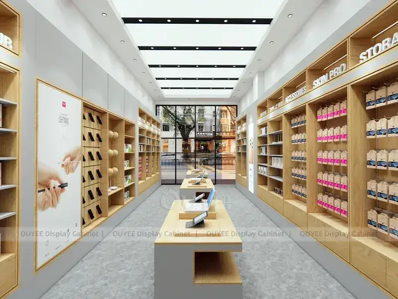 Agencement de boutiques de téléphonie mobile blanc et bois avec étagères murales stratifiées aux tons chauds pour kiosques de centres commerciaux 1