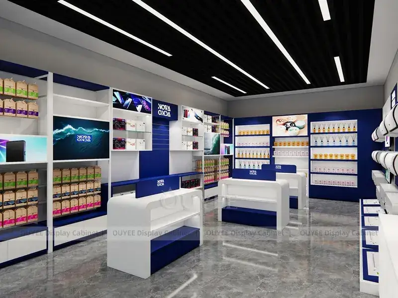 Présentoirs muraux lumineux à LED bleus et turquoise pour boutiques de téléphonie mobile en centres commerciaux. 1