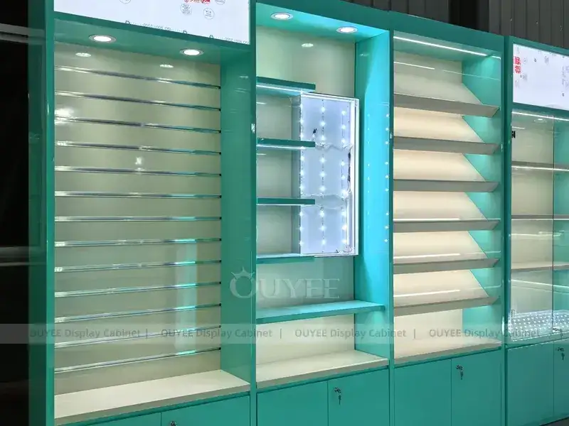 Comptoir vitrine pour téléphones portables en verre bleu turquoise avec vitrines transparentes pour les détaillants de téléphones compacts 1