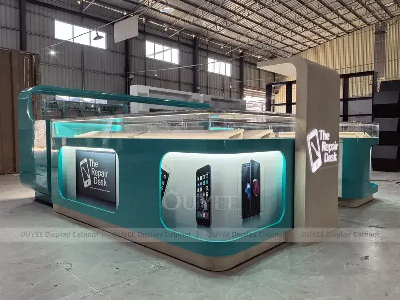Schwarze und holzfarbene Glas-Vitrine für Mobiltelefone mit transparenten Displayhüllen für Einzelhändler von Kompakthandys 1