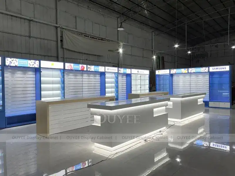 Présentoirs muraux à éclairage LED noir et bleu pour boutiques de téléphonie mobile haut de gamme, avec affichages muraux à lumière froide. 1