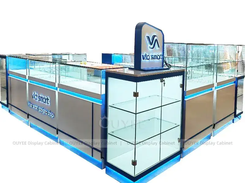 White And Blue Glass Mobile Phone Showcase Counter With Transparent Display Cases For Accessory Display Areas 1