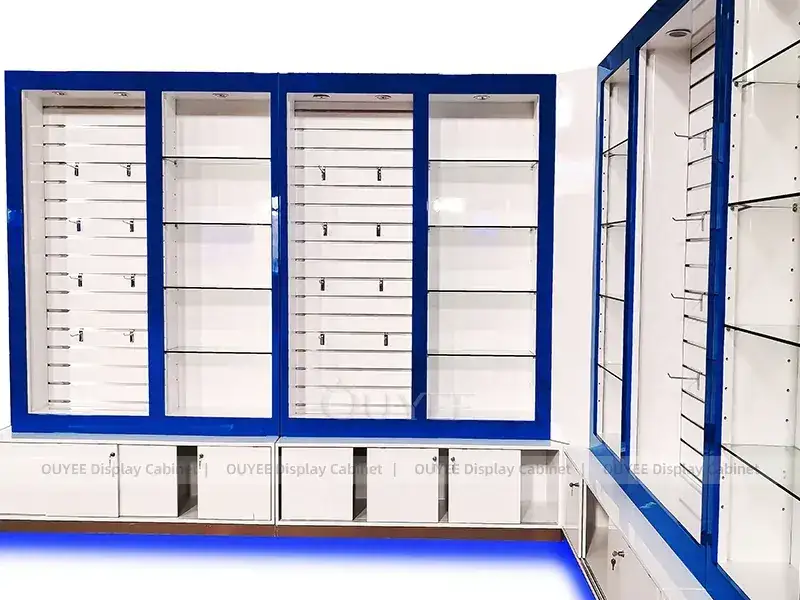 Balcão expositor para celulares em vidro branco e tom de madeira com vitrines transparentes para balcões de celulares de luxo. 1