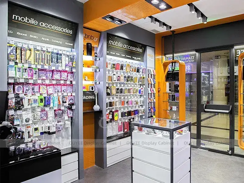 White And Wood Tone Glass Mobile Phone Showcase Counter With Transparent Display Cases For Retail Demo Tables 1