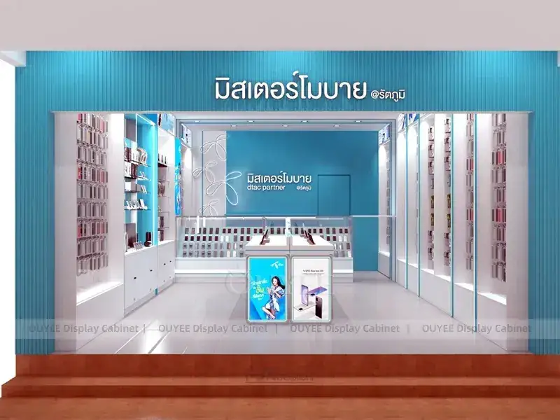 Comptoir vitrine en verre blanc et bleu pour téléphones portables avec vitrines transparentes pour magasins de réparation et de service. 1