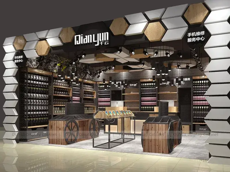 Agencement de rayonnages LED noirs et bois pour magasin de téléphonie, avec présentoirs muraux à cadre foncé pour les coins de vente d'électronique. 1