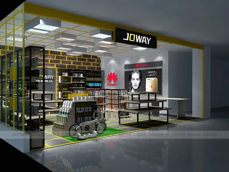 Layout de loja de celulares com displays de LED em preto e amarelo e molduras escuras na parede. 1