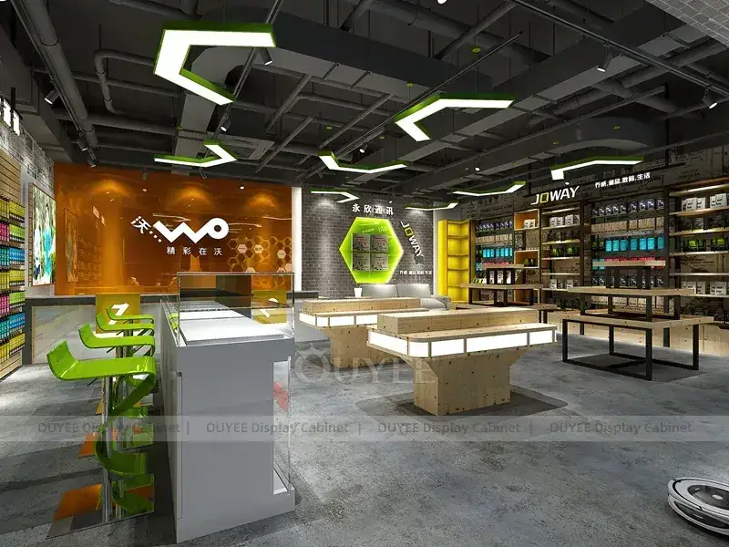 تصميم إضاءة LED لمتجر هواتف باللونين الأسود والخشب مع شاشات عرض جدارية بإطارات داكنة لتنسيقات خدمة الكاونتر 1