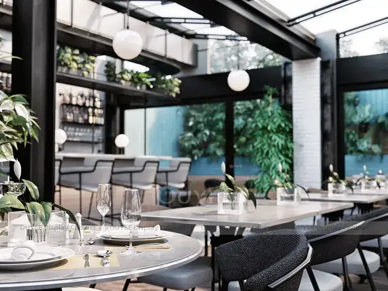 Schwarz-grüne Café-Servicetheke mit grüner LED-Serviceinsel 1
