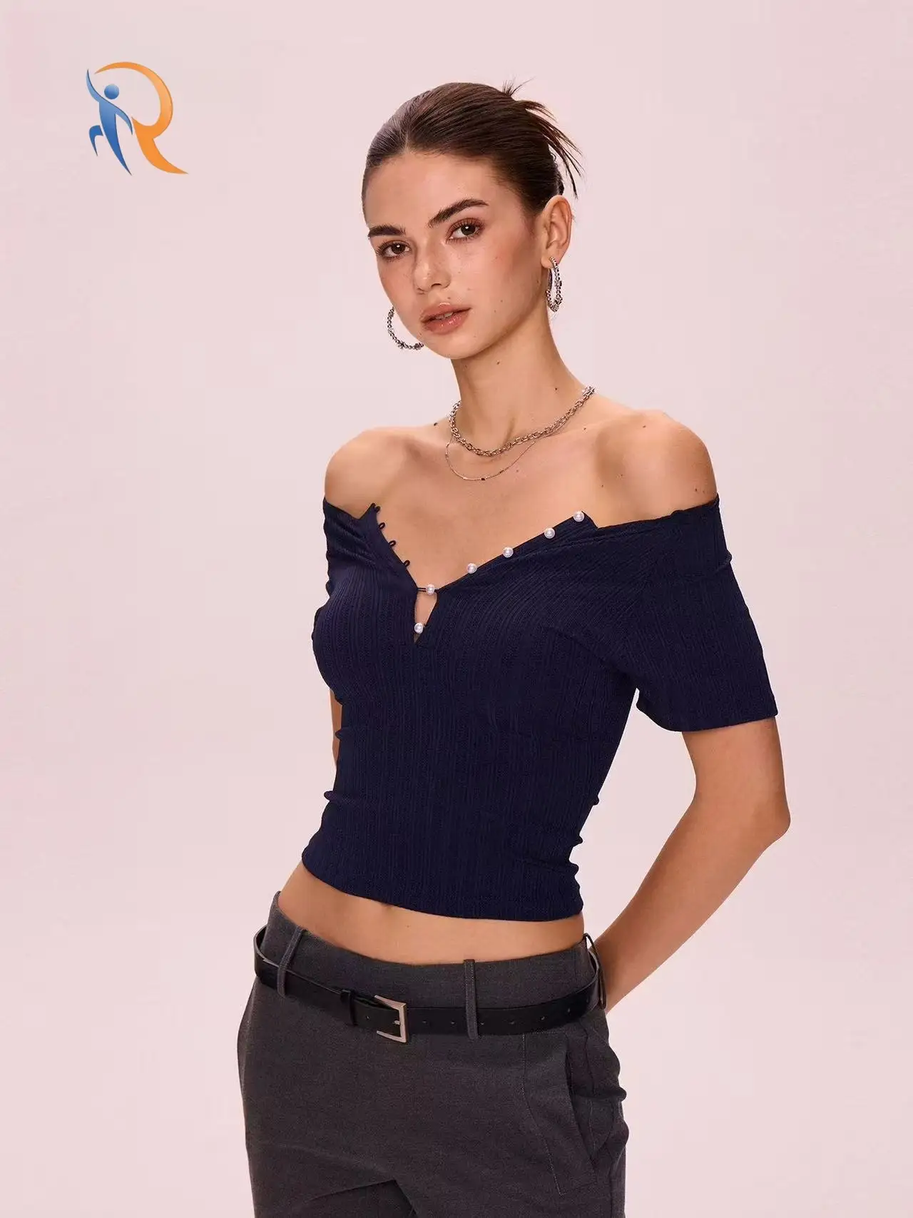 Dark Blue Off-Shoulder V-Neck Reversible Short Sleeve Top 1