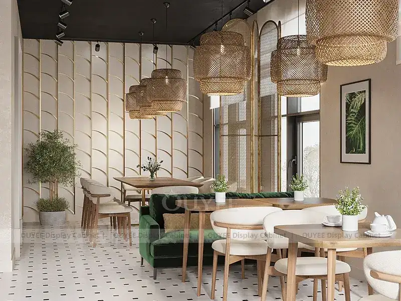 Weiße Holzoptik-Innenausstattung für Cafés mit gelber Thekenfront und Flaschenwand für unabhängige Café-Projekte 1