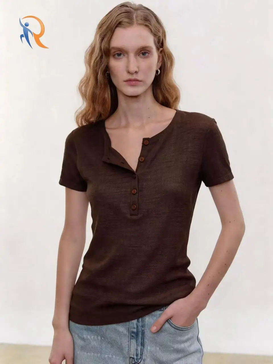 Solid Color Fitted Round Neck Button Short Sleeve Top 1