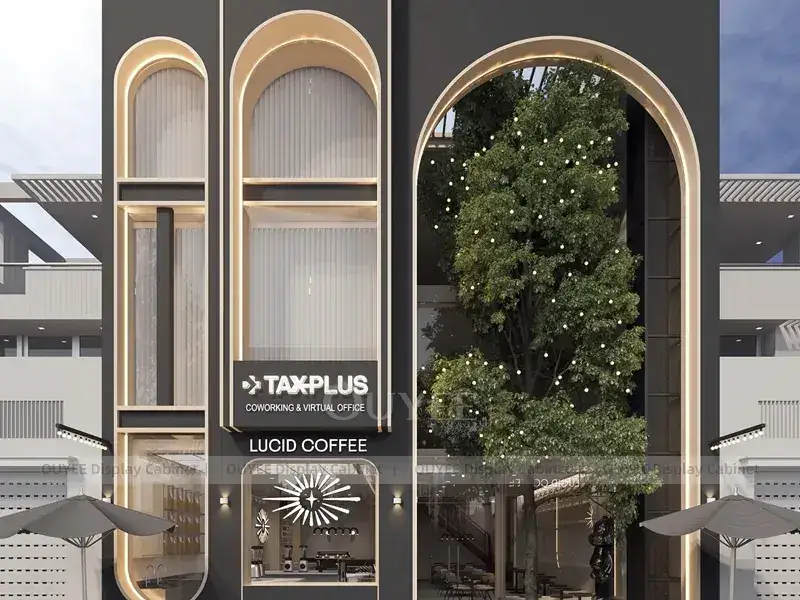 Aménagement intérieur de café en bois doré avec garnitures dorées et vitrine en verre pour kiosques à café de centres commerciaux 1