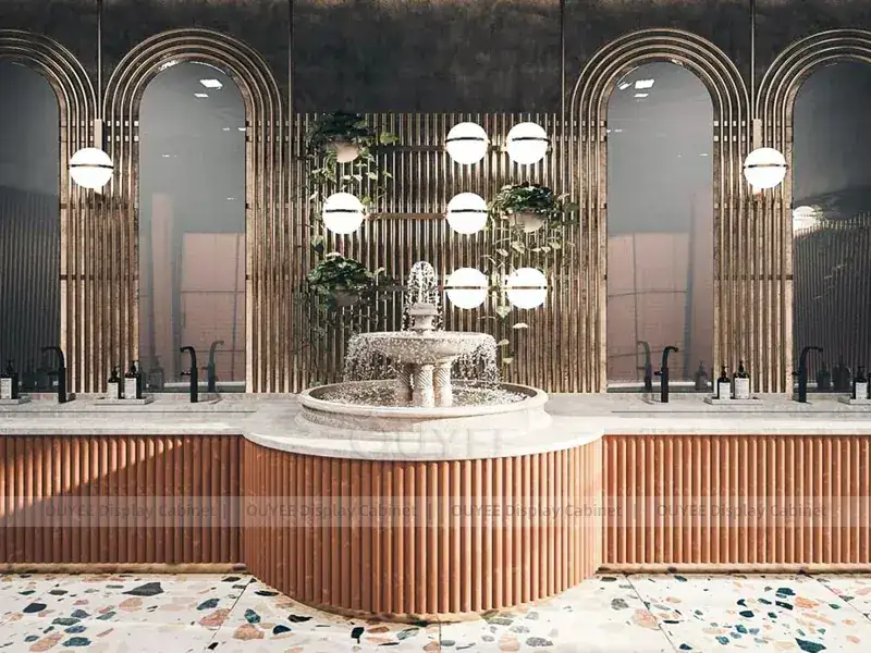 Comptoir de présentation de café et de boulangerie en bois blanc avec façade en carrelage rouge et sièges de bar 1
