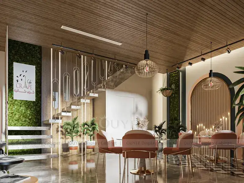 Comptoir de service de café couleur bois doré avec bar à boissons lumineux pour projets de cafés indépendants 1