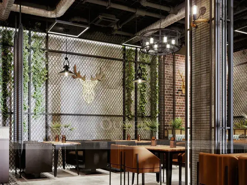 Mobiliário de interiores para cafeteria em tons de madeira preta com balcão amarelo e parede de garrafas, ideal para cafeterias e padarias. 1