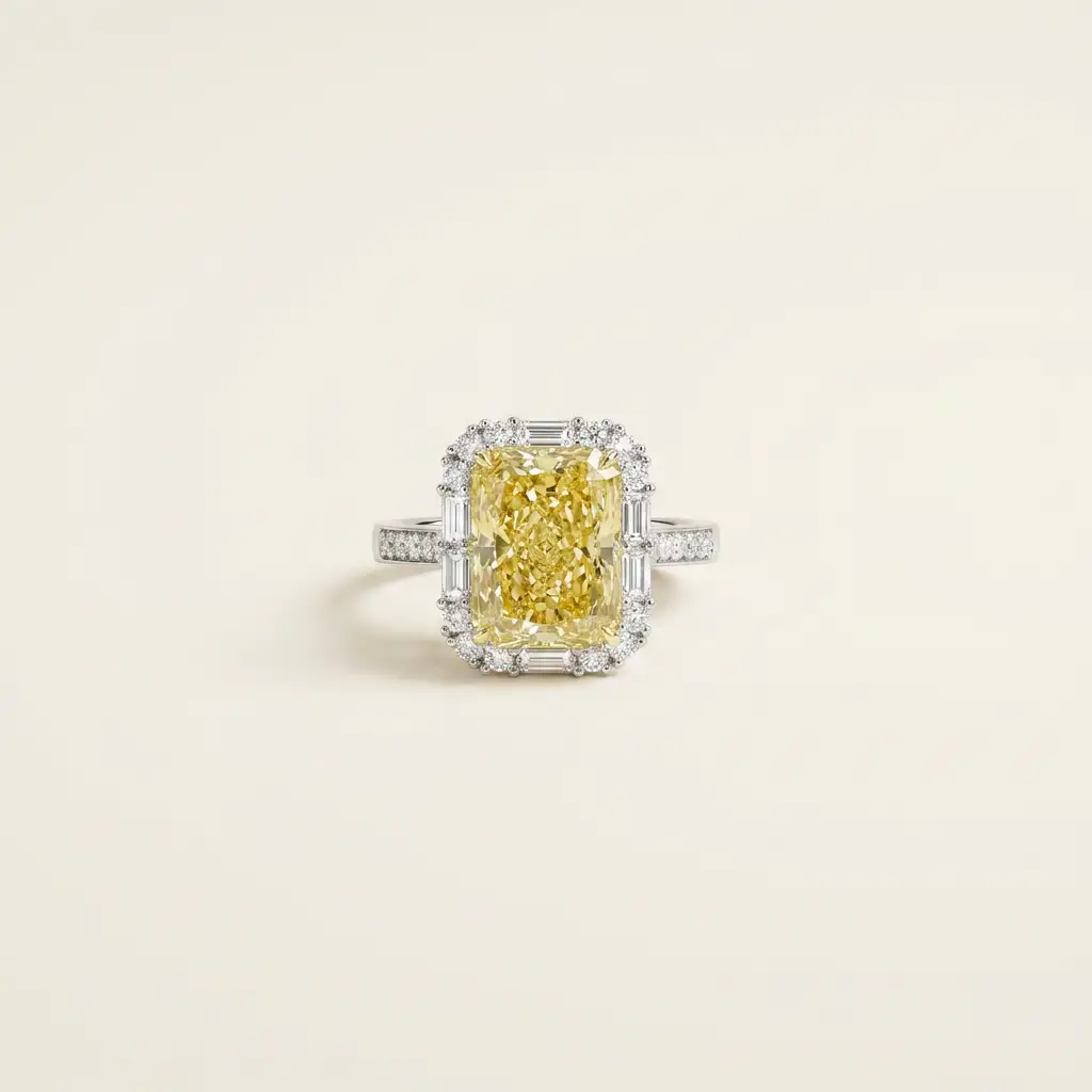 Platinum 5.08ct Radiant Cut Yellow Lab Diamond Halo Half Band Ring 1