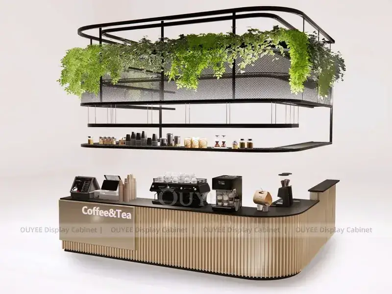 Balcão de quiosque de cafeteria em tom de madeira branca com cobertura de luz aconchegante e painéis de menu para quiosques de cafeteria em shoppings. 1