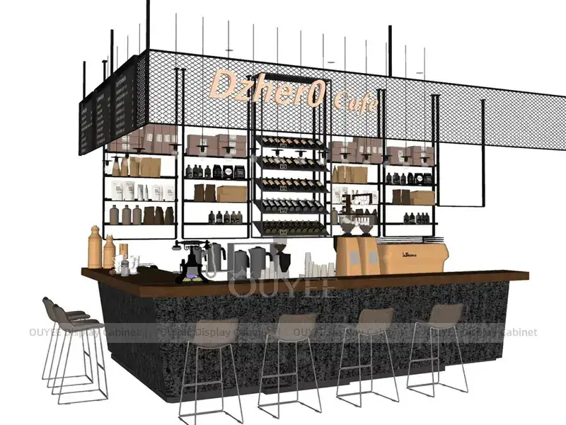 Comptoir de kiosque à café en bois blanc avec garniture dorée et vitrine en verre pour kiosques à café de centre commercial 1