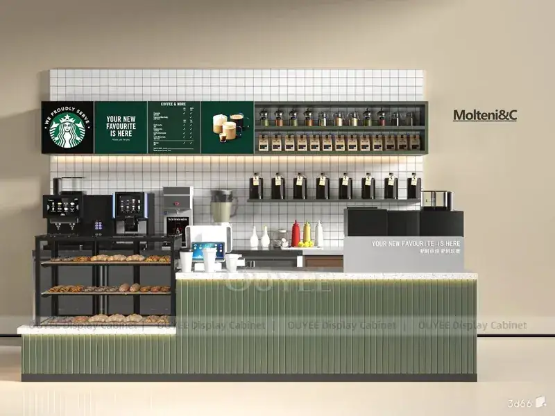 Kaffeekiosk in Weißholzoptik mit warmem Lichtdach und Menütafeln für Dessert- und Getränkebars 1
