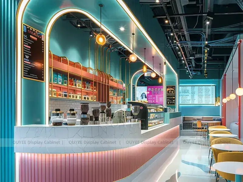 Kiosktheke in Holzoptik mit goldener Oberfläche, roter Fliesenfront und Barhockern für unabhängige Café-Projekte 1