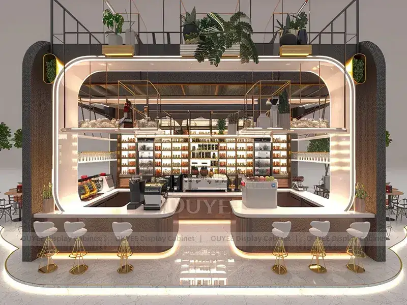 Comptoir de café orange ton bois avec vitrine à desserts incurvée pour projets de cafés indépendants 1