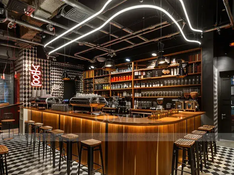 Balcão de quiosque de cafeteria em tom de madeira preta com bar de serviço de bebidas em cores vibrantes para projetos de cafeterias independentes. 1