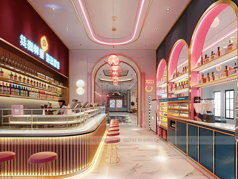 Kiosktheke in Holzoptik mit roter Fliesenfront und Barhockern für unabhängige Café-Projekte 1