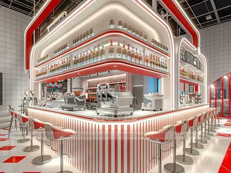 Comptoir de kiosque à café orange ton bois avec garniture dorée et vitrine en verre pour kiosques à café de centre commercial 1