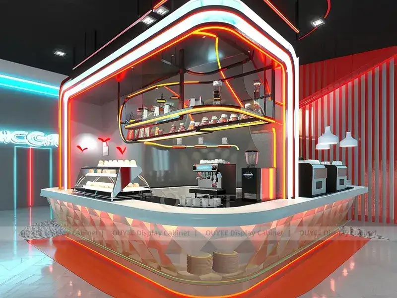 Roter Kiosk-Tresen in Holzoptik mit geschwungener Dessertvitrine für unabhängige Café-Projekte 1