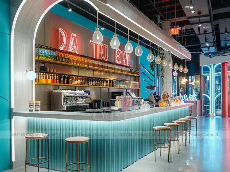 Balcão de quiosque de cafeteria em tom dourado amadeirado com cobertura de luz aconchegante e painéis de menu para bares de bebidas e sobremesas. 1