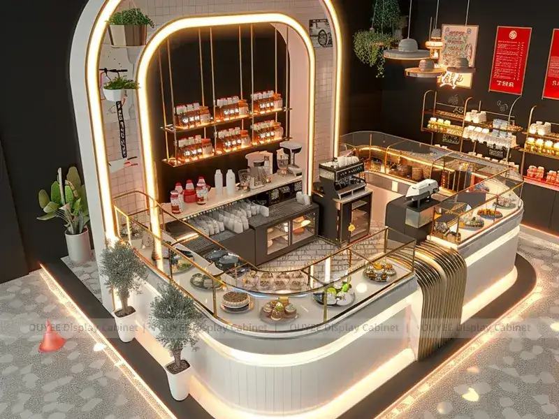 Balcão de quiosque de cafeteria em tom de madeira vermelha com prateleiras iluminadas para garrafas, ideal para quiosques de cafeteria em shoppings. 1