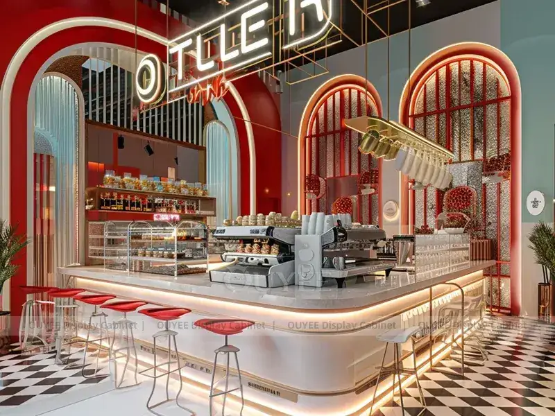 Comptoir de café en bois doré avec garniture dorée et vitrine en verre pour boulangeries-cafés 1