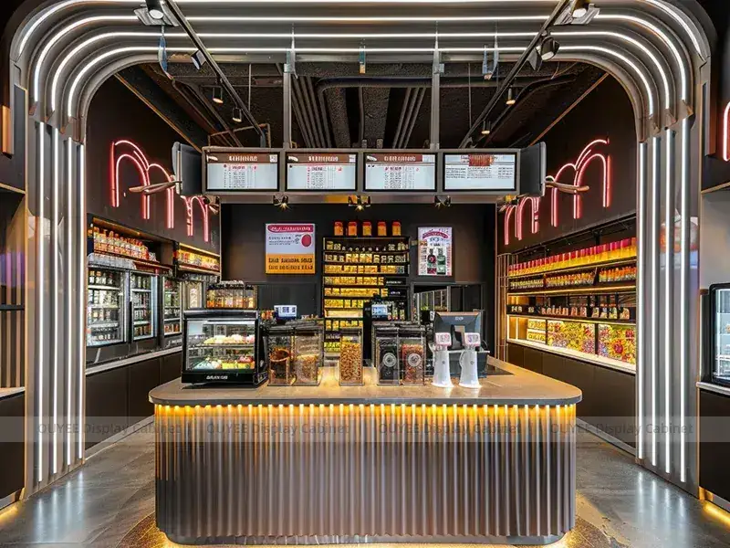 Kiosktheke in Holzoptik, orange, mit warmem Lichtdach und Menütafeln für Bäckerei-Cafés 1