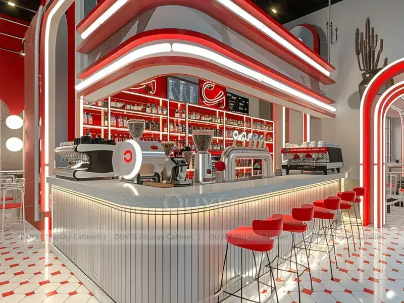 Kiosk-Theke in Holzoptik, orange, mit geschwungener Dessertvitrine für Bubble-Tea-Theken 1