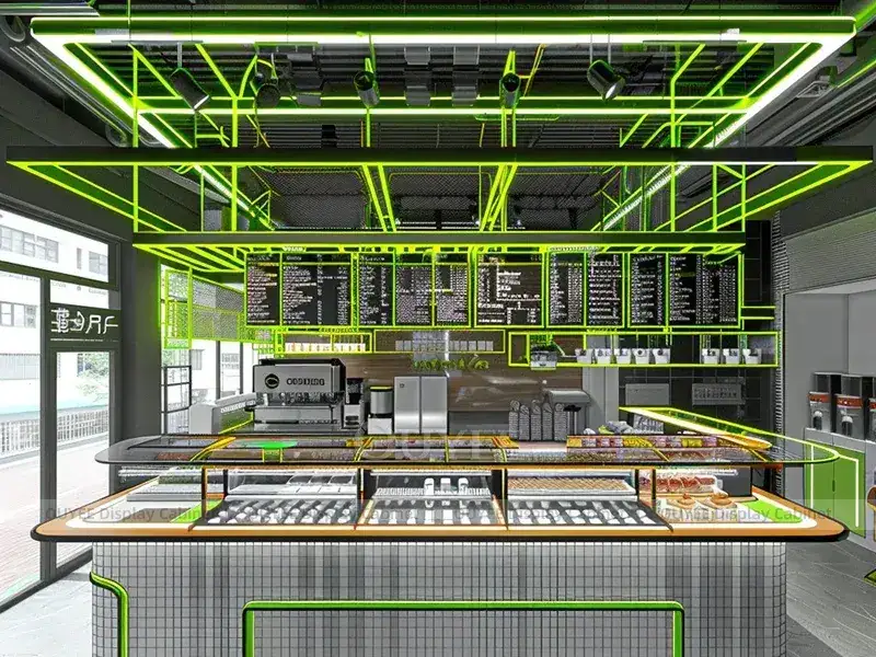 Comptoir de café en bois doré avec bar à boissons lumineux pour boulangeries-cafés 1