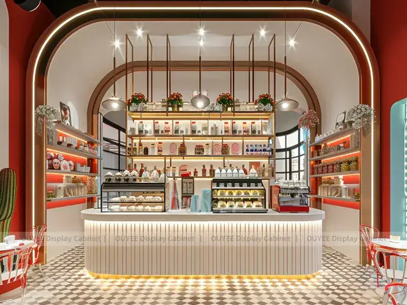 Comptoir de café en bois doré avec garniture dorée et vitrine en verre pour îlots de service compacts 1