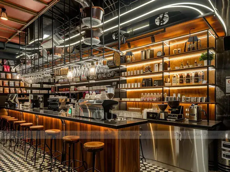 Balcão de quiosque de cafeteria em tom dourado amadeirado com bar de serviço de bebidas brilhante para lojas de bebidas para viagem. 1