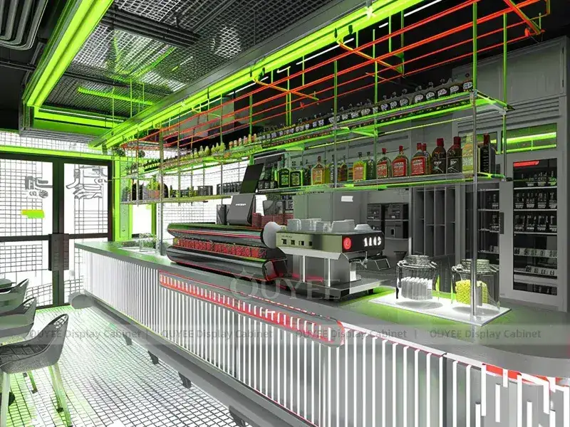 Roter Kiosk in Holzoptik mit gewölbter Rückwand und Menüdisplay für unabhängige Café-Projekte 1