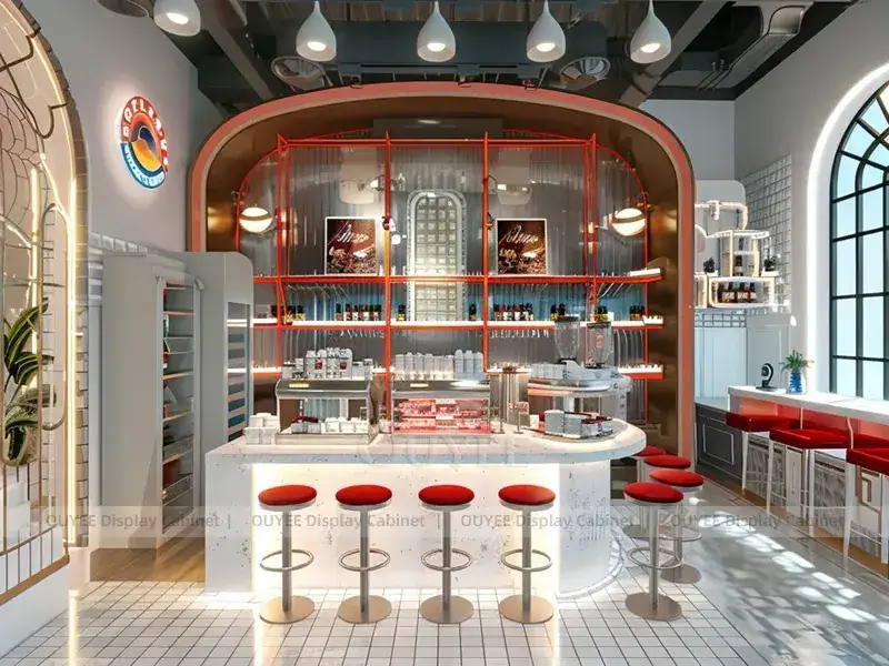 Comptoir de café orange ton bois avec garniture dorée et vitrine pour îlots de service compacts 1