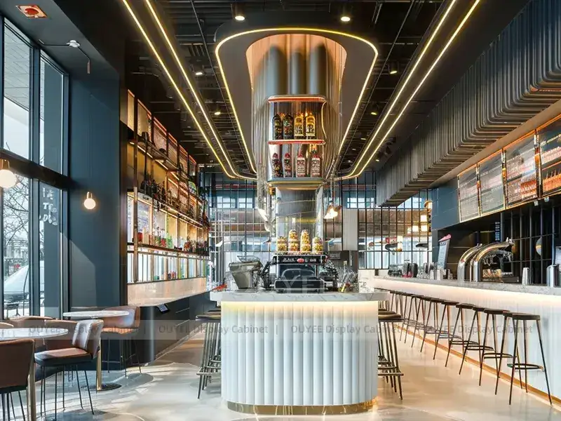 Kiosktheke in Holzoptik, orange, mit beleuchteten Flaschenregalen für Bubble-Tea-Theken 1