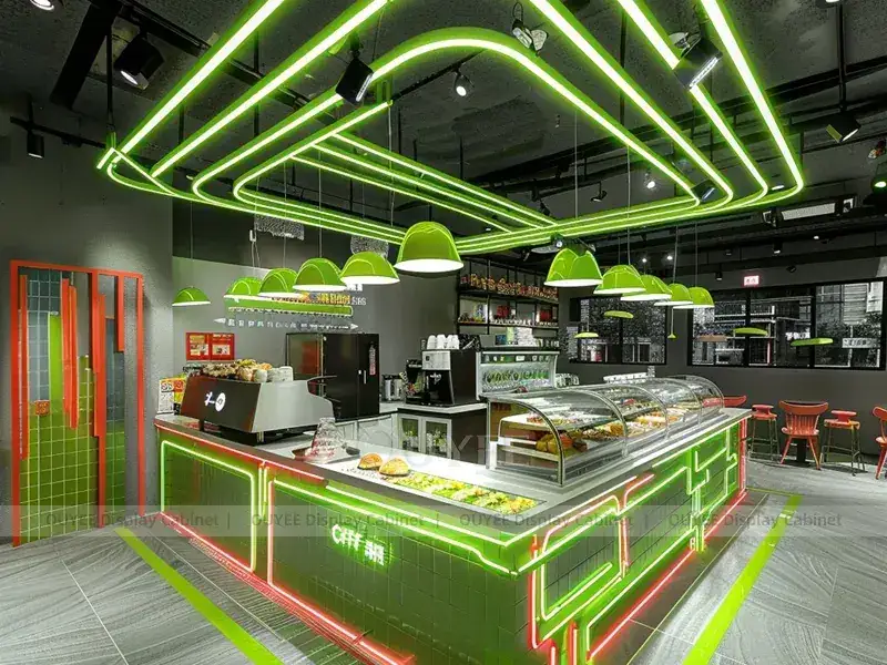 Comptoir de café en bois doré avec garniture dorée et vitrine en verre pour cafés de centres commerciaux 1