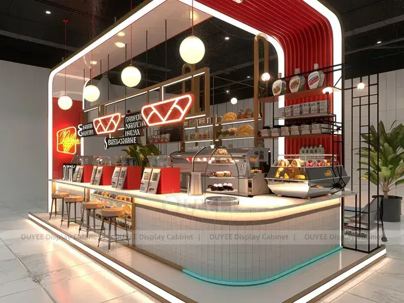 Kiosktheke in Holzoptik mit goldener Holzoptik, roter Fliesenfront und Barhockern für Bubble-Tea-Theken 1
