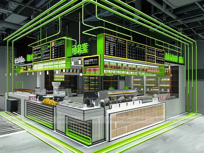 Comptoir de café orange ton bois avec garniture dorée et vitrine en verre pour cafés de centres commerciaux 1