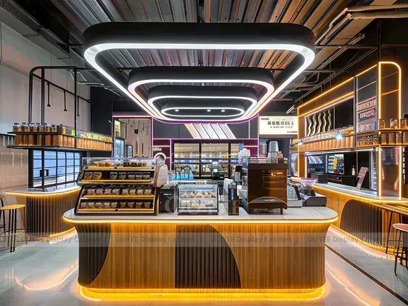 Chiosco bar con bancone in legno arancione e luminoso per bevande da asporto. 1